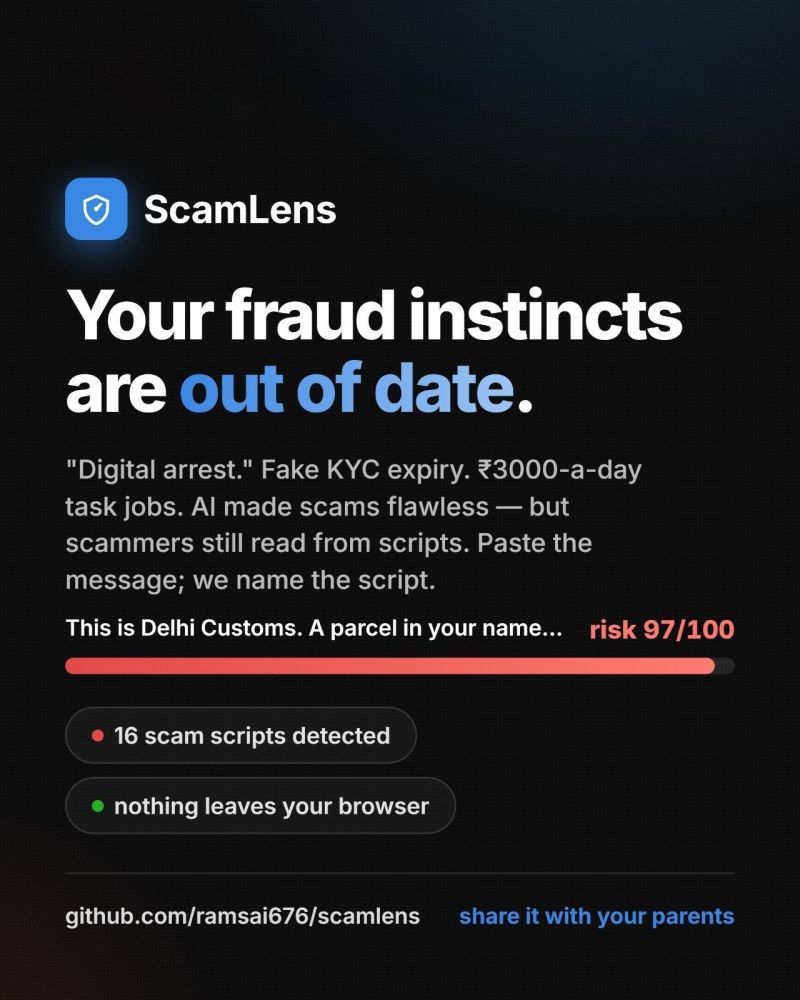 ScamLens verdict screen showing risk scores for suspicious messages