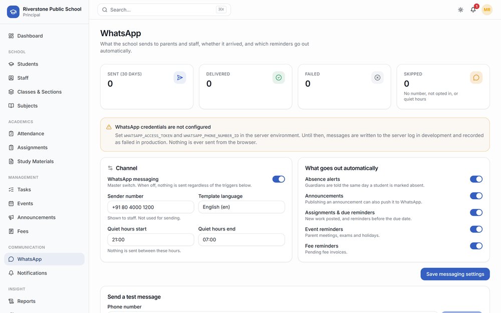 WhatsApp communication screen showing approved message templates and the parent delivery log